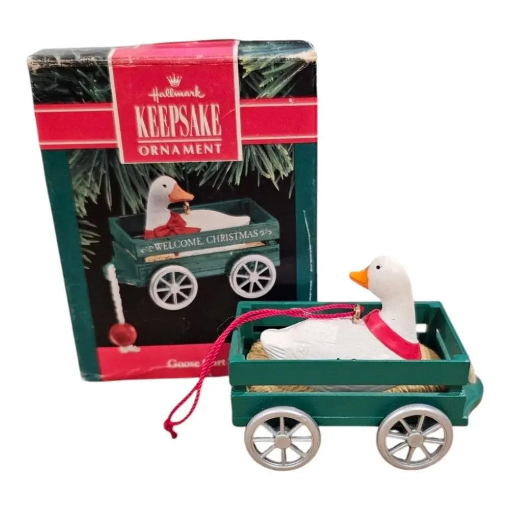 1990 Goose Cart with Welcome Christmas on Wagon Hallmark Ornament in Orig. Box